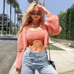 Female warm cardigans sweater with camis women causal soft top sweater autumn winter Knitted long sleeve fluffy sweater outwear 210415