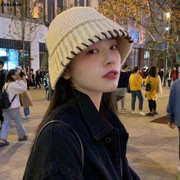 New Arrival Handmade Crochet Knitted Hat Winter Warm Women Woolen Hat Solid Color Fashion Retro Thicken Casual Bucket Hat G220311