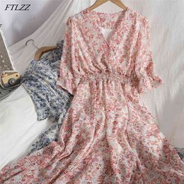 Summer Arrival Women V-neck High Waist Slim Long Dress Ladies Vintage Floral Chiffon A-line Clothing 210430