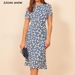 Vintage French Women Hit Colour Flower Print Midi Dress Summer Round Collar Short sleeve Slim Chiffon 210429