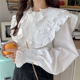Korean Turn Down Collar Ruffled Woman Blouses Long Sleeve Oversize White Shirts Fashion Women Casual Plus Size Tops Blusas 14398 210527