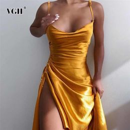 Sexy Gold Side Split Sling Dress For Women Square Collar Sleeveless Drawstring Slim Solid Midi Dresses Females Fashion Style 210531