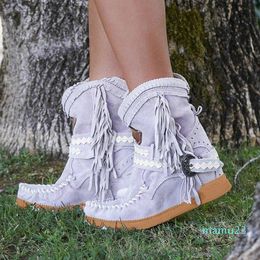 Boots 2021 Women Ankle Short Tassels Round Toe Buckle Strap Ethnic Style Warm Non-slip Shoe For Ladies