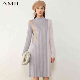Minimalism Winter Fashion Sweater Dress For Women Causal Patchwork Turtleneck Slim Fit Knee-length 12040906 210527