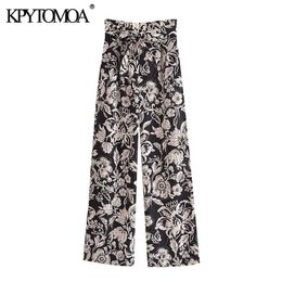 Женщины шикарные моды с поясом цветочные печать прямые брюки винтажные высокие талии боковые карманы женские брюки муджер 210416