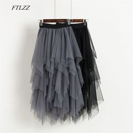 FTLZZ Tulle Skirt High Waist Mesh Hem Asymmetrical Pleated Midi Female Black Pink Summer Mid-calf 210621