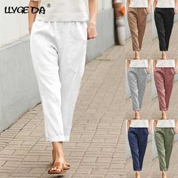 Cotton Linen Big Pocket Thin Women's Pants Solid Elastic Waist Pant For Women Summer Straight White Homewear Trousers 211105
