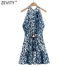 Women Vintage Sleeveless Leopard Print Hem Ruffle Halter Mini Dress Female Chic Back Bow Tie Sashes Summer Vestido DS8160 210420
