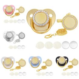 Sublimation Pacifier Gold Blank Diamond Play Mouth Favour Bling Baby Pacifiers with Chain Heat Transfer Silicone Nipple