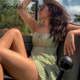 Foridol Plaid Green Short Summer Dress Women Sleeveless Strap Lace Up Cotton Beach Dress Backless Mini Dress Sundress 210415