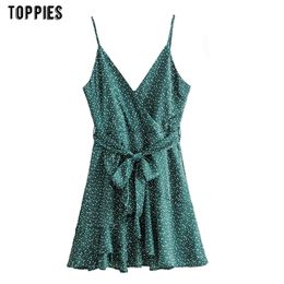 Toppies Summer Dress Sexy Polka dot Camis Dresses Lace-up Waist Ruffles Hem V-neck Beach Clothes 210412