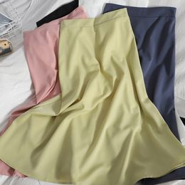 Fashion Korean solid Colour casual chiffon skirt female summer high waist knee-length gentle midi long Office Lady 210420