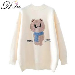 H.SA Women Oversized Cute Sweater and Pullovers Cartoon Bear Sweaters Casual Pull Jumpers White Sweater Tops sueter Mujer 210716