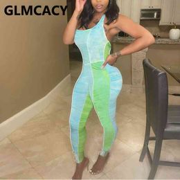 Women Sleeveless Tie Dye Printed Backless Sexy Bodycon Skinny Jumpsuits 210702