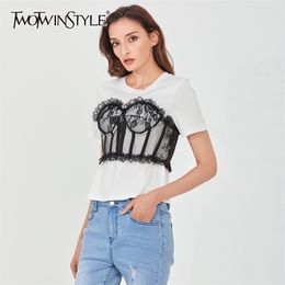 Hit Colour Patchwork Lace T Shirt For Women O Neck Short Sleeve Casual Tops Female Fashion Clothing Summer 210524