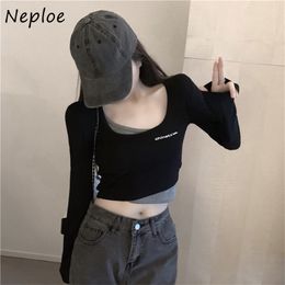 Panelled Patchwork Sexy Hollow Out Lumbar Tee Irregular Fake Two-piece T-shirt O-neck Letter Pattern Women T Shirts 210422
