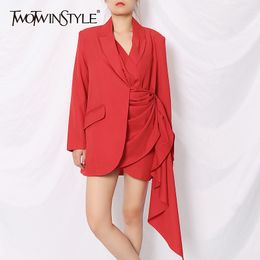 Patchwork Ruched Asymmetrical Blazer For Women Notched Long Sleeve Irregular Hem Jackets Female Fashion Style 210524