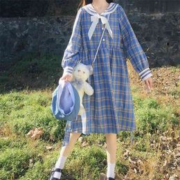 Spring Autumn Women's Dress Japanese Style Loose Bowknot Plaid Long Sleeve Slim Female es GX808 210507