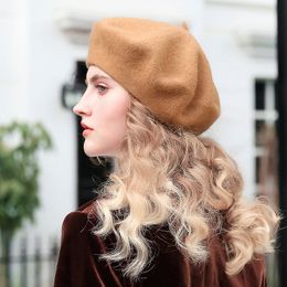 100% Pure Wool Berets Hat Women Felt Beret British Style Fashion Girls Beret Hats Lady Solid Colour Slouchy Winter Cap Female