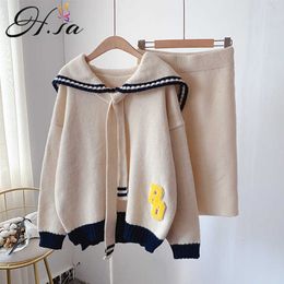 H.SA Korean Sweater and Pullover Two Piece Casual Jumpers Crew Neck Knit Pullover and Skirts Slim Women Sweaters 210716