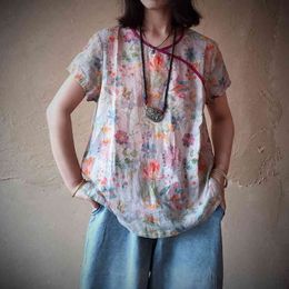Johnature Women Blouses Vintage Summer Retro Tops Short Sleeve Linen Print Flower O-neck Loose Shirts Ramie Tops 210521