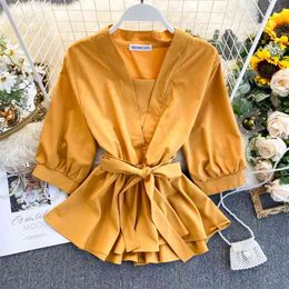 Women's Temperament Shirt Spring Autumn Design Ruffles Lace Up Waist Wild Solid V-Neck Three Quarter s Top Y673 210507