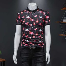 Summer Flamingo Print Short Sleeve Polo Shirts Men High Quality Casual Business Lapel Polo Homme Breathable Tops M-5XL 210527