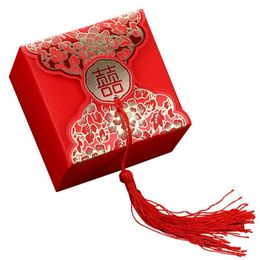 Gift Wrap Event Party Supplies Tassel Pendant Square Red Paper Box Hollow Flower Wedding Party Candy Chocolate