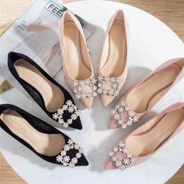 Women Shoes 3.5cm Middle Heels Ladies Crystal Buckle Flock Pointed Toe Party Wedding Elegant Sexy Pumps 210520
