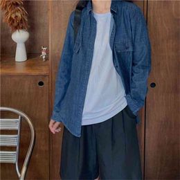 Arrival Spring Autumn Korea Fashion Women Long Sleeve Loose Cotton Denim Shirts Coat Double Pocket Vintage Blue Blouse V7 210512