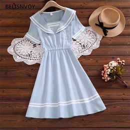 Japanese Summer Girls Kawaii Uniform Dress Sailor Collar Cute Female Students Mini Blue White Embroidery Cosplay Costumes 210520