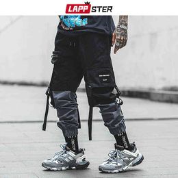 LAPPSTER Pachwork Cargo Pants 2021 Streetwear Hip Hop Ribbons Joggers Pants Men Japanese Style Black Casual Track Pants Fashions H1223