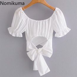 Nomikuma Bow Bandage Hollow-out Sweet Shirts for Women Puff Sleeve O-neck Graphic T Shirt Slim Short Korean Tee Tops 6G244 210427