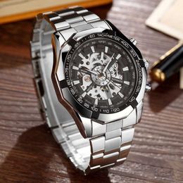 TOP Luxury Automatic Mechanical Watch Men Skeleton Stainless Steel Self-wind Wrist Watch Silver Gold Men Clock relogio masculin