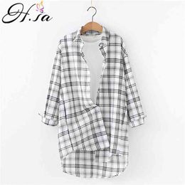 HSA Women Chic Long Blusa and Shirts For Plaid Blouse Tops Pink Summer Sunscreen Beach Out Oversized Blusas 210430