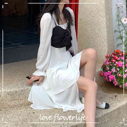 Square Collar Elegant Y2k Dress Women Long Sleeve Slim White Dress Office Lady Dress Korea Bow Design Summer Chic 210521