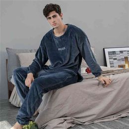 Thick Flannel Male Pajamas Sets Loose O-neck Sleepwear For Couples Warm winter Home Clothes Men's Clothing Pajama Pants 2Pcs/Set 210901
