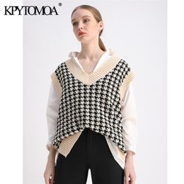 KPYTOMOA Women Fashion Oversized Houndstooth Knitted Vest Sweater Vintage Sleeveless Side Vents Female Waistcoat Chic Tops 210915