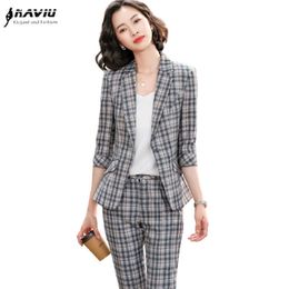 Plaid Suit Spring Summer Casual Fashion Temperament Slim Blazer And Pants Office Ladies Work Wear 210604