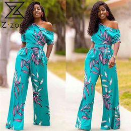 Women Jumpsuit One Shoulder Printed Rompers Womens Long Sleeve Bandage High Waist Autumn 210513