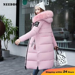 NEEDBO Winter Jacket Women Fur Collar Long Parka Warm Slim Coat Woman Puffer Oversized Padded Outwear 211013