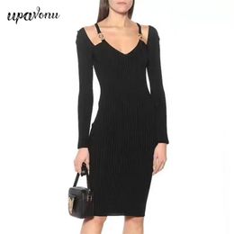 Free Women's Knit Dress Black Sexy V-neck Long Sleeve Bodycon Knee Length Club Runway Party Vestidos 210524