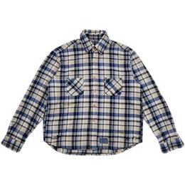 Men's Casual Shirts Vujade 004 embroidery destruction blue white plaid flannel fashion casual loose shirt vibe style