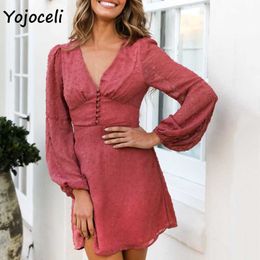 Yojoceli sexy autumn long sleeve chiffon jacquard dres v neck mini female vestidos 210609
