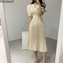 Summer Chiffon Korean A-line Pleated Long Dress Women Short Sleeve V-neck Belted Fashion Office Elegant Ladies Vestidos 210513