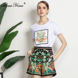 Fashion Designer Set Summer Women's Short sleeve Beaded T-shirt Tops+Floral-Print Shorts Two-piece sets 210524