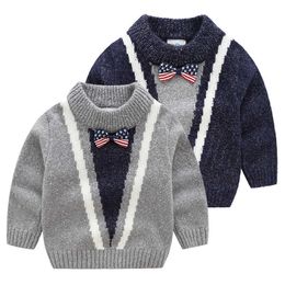 Spring Autumn Winter 3 4 6 8 10 11 12 Years England Style Knitted Bow Gently Handsome Pullover Sweaters For Baby Kids Boys 210529