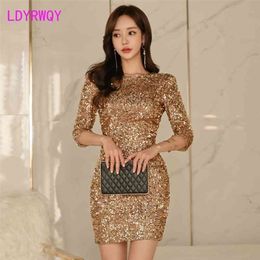 spring female beauty temperament slim package hip backless sequins dress O-Neck Office Lady 210416