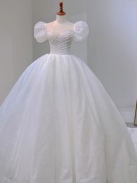 Luxury White Sequined Ball Gown Wedding Dress With Pearls Beaded 2021 Short Puff Sleeves Bow Back Long Princess Bridal Dresses Pleats