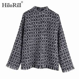 Autumn Winter Houndstooth Women Hoodies Casual Stand Neck Top Fashion Chic Plaid Tassels Sweatshirt Loose Pullovers Tops 210508